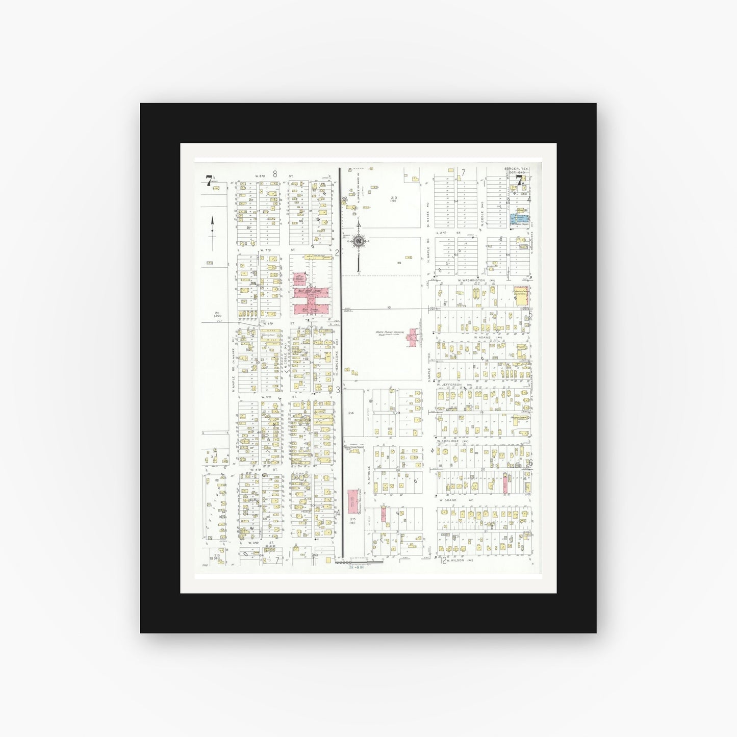 Old map wall art mockup — black gallery frame with white mat — Sanborn Fire Insurance Map from Borger, Hutchinson County, Texas (1940), Sheet #0007
