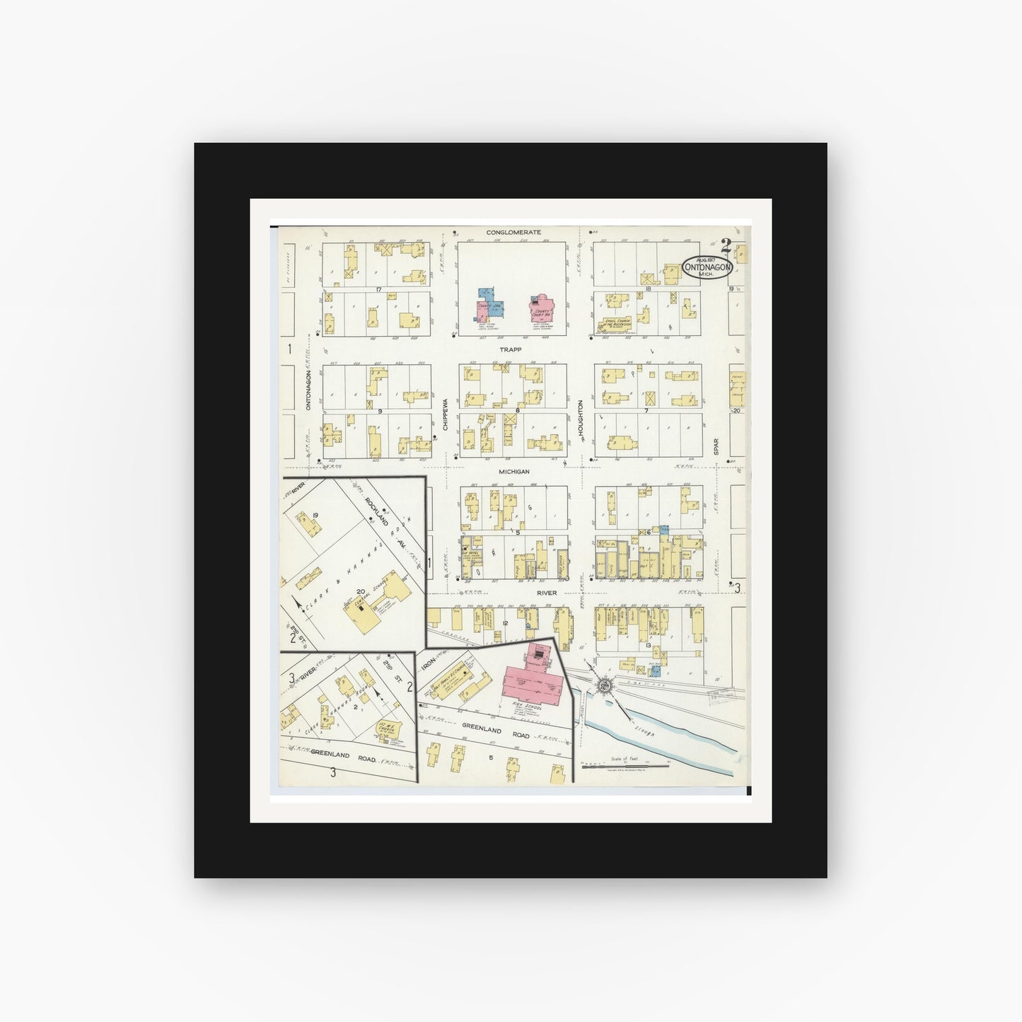Old map wall art mockup — black gallery frame with white mat — Sanborn Fire Insurance Map from Ontonagon, Ontonagon County, Michigan (1917), Sheet #0002