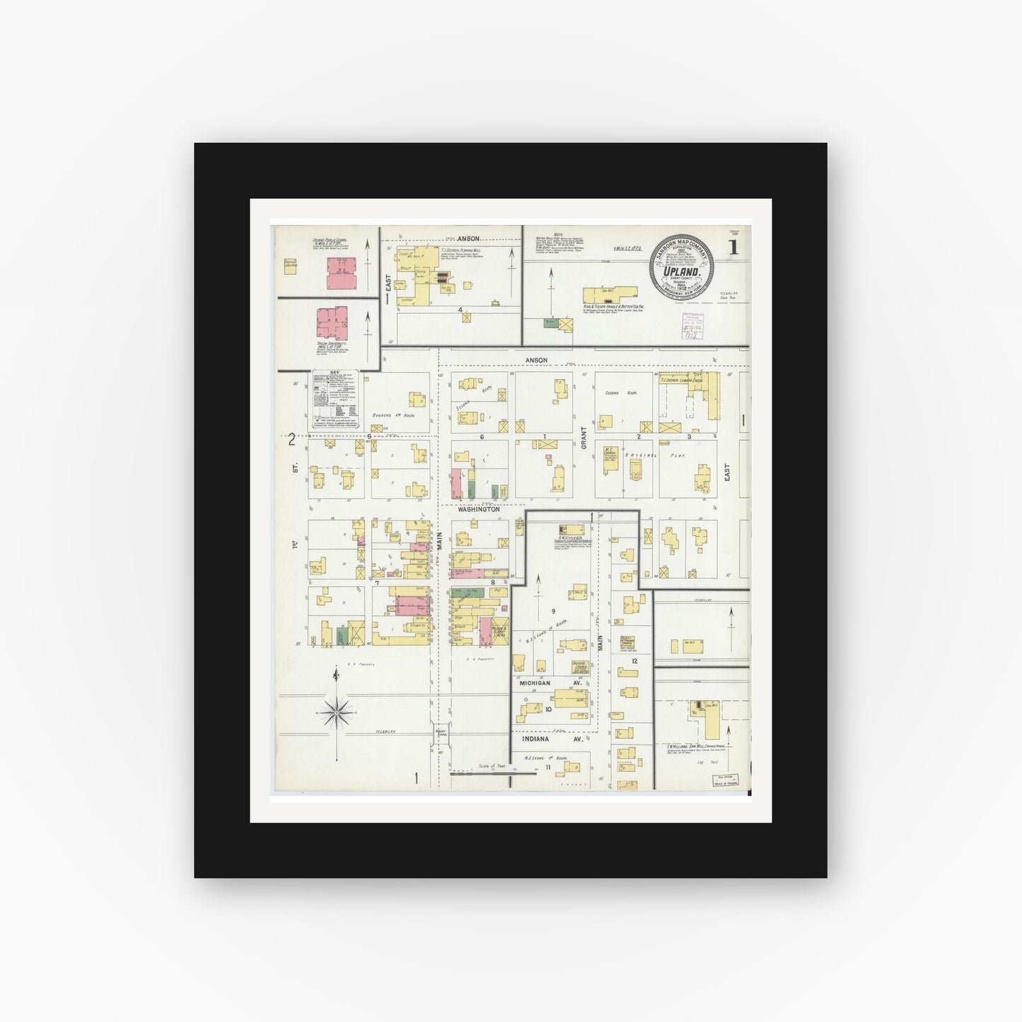 Old map wall art mockup — black gallery frame with white mat — Sanborn Fire Insurance Map from Upland, Grant County, Indiana (1902) - Complete Map Set