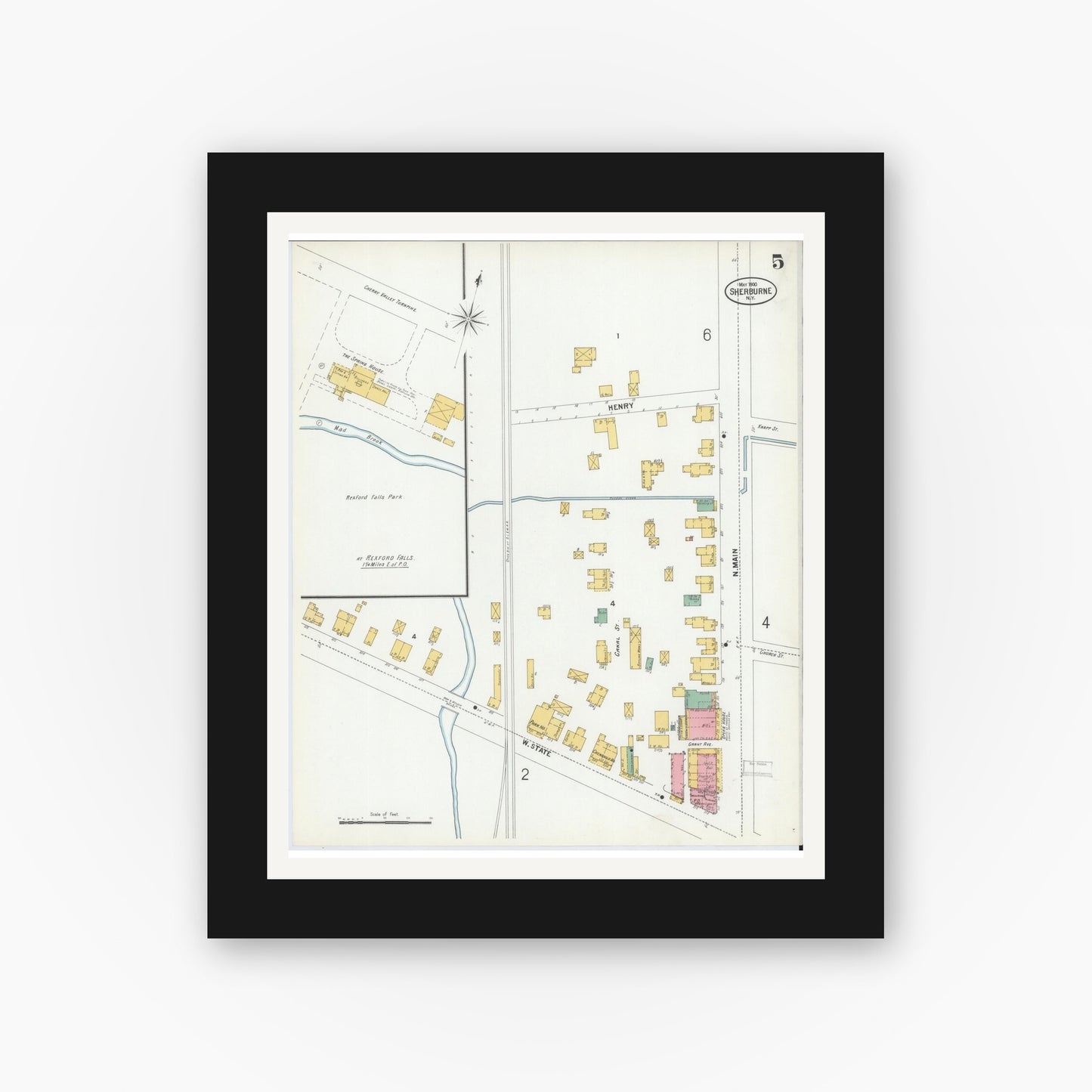 Old map wall art mockup — black gallery frame with white mat — Sanborn Fire Insurance Map from Sherburne, Chenango County, New York (1900), Sheet #0005