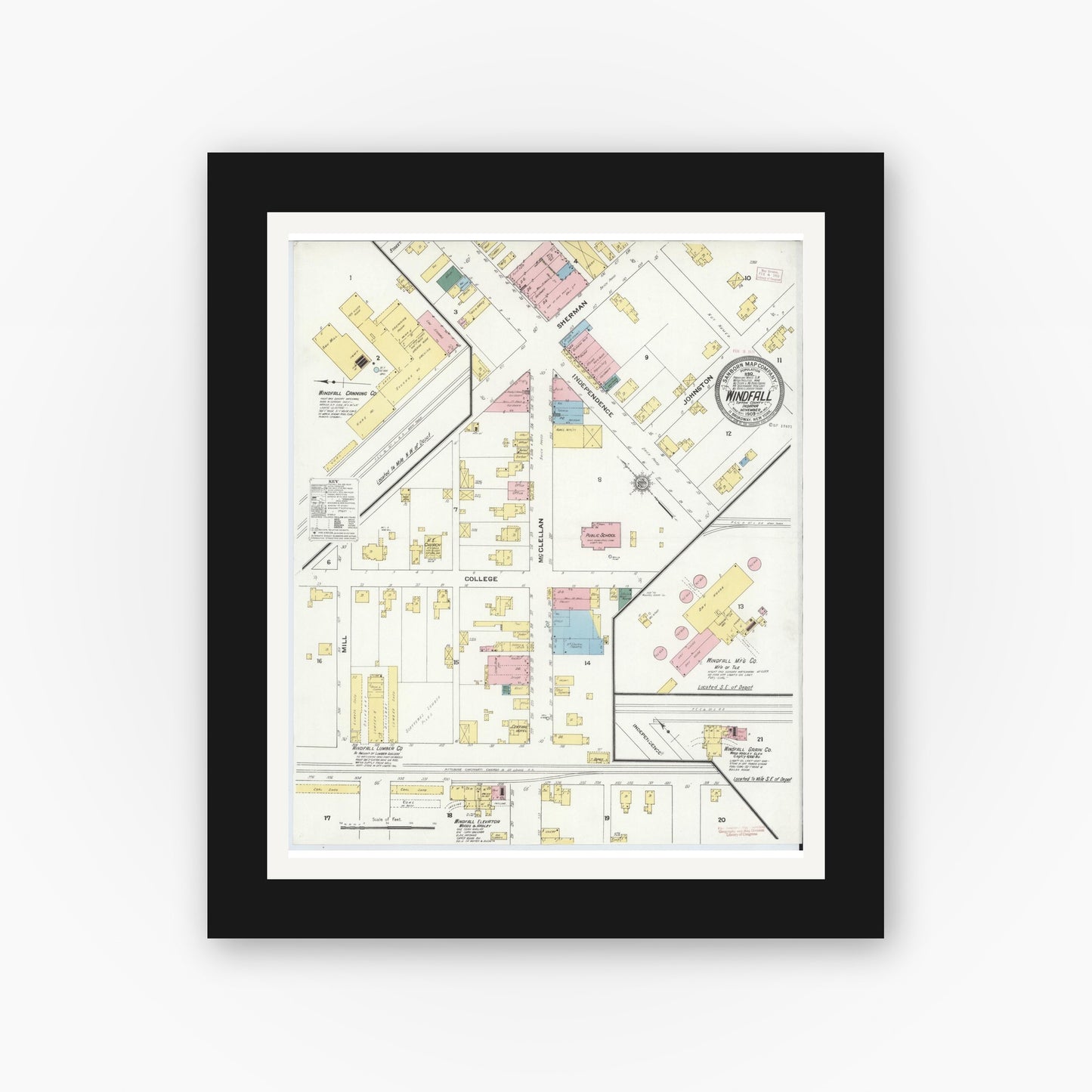 Old map wall art mockup — black gallery frame with white mat — Sanborn Fire Insurance Map from Windfall, Tipton County, Indiana (1909), Sheet #0001