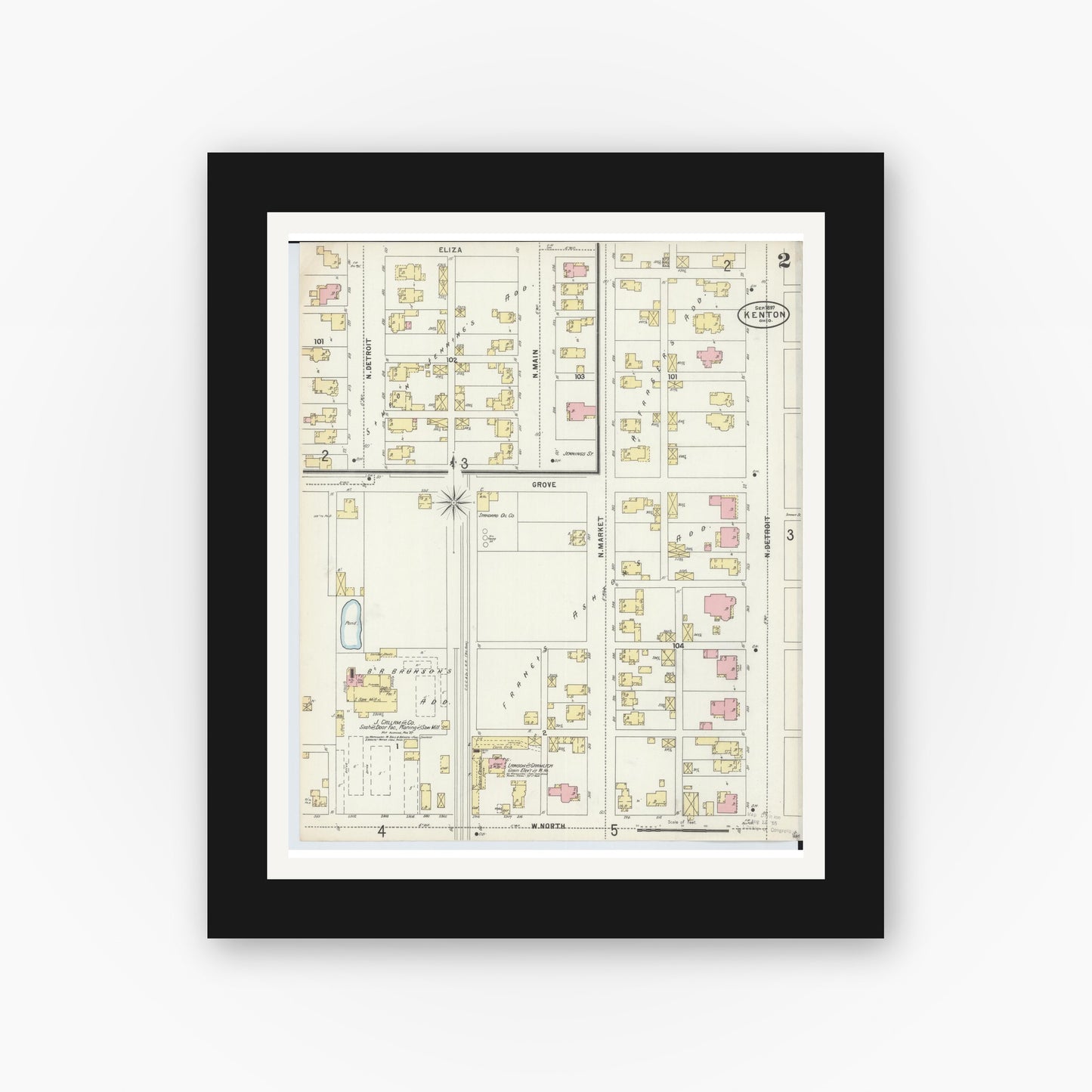 Old map wall art mockup — black gallery frame with white mat — Sanborn Fire Insurance Map from Kenton, Hardin County, Ohio (1897), Sheet #0002