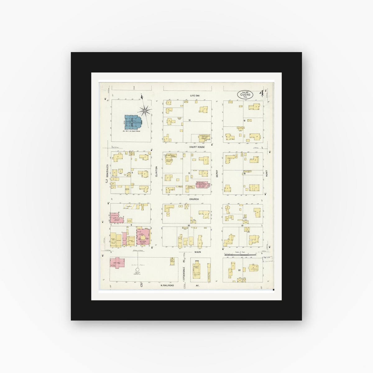 Old map wall art mockup — black gallery frame with white mat — Sanborn Fire Insurance Map from Cuero, De Witt County, Texas (1907), Sheet #0004