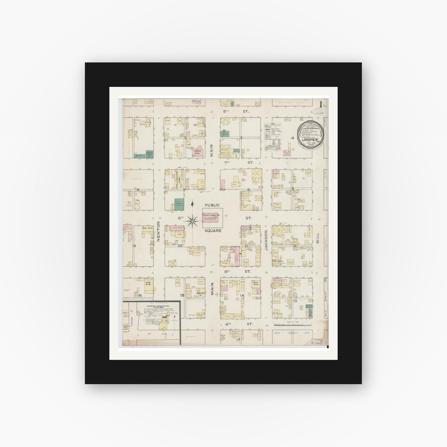Old map wall art mockup — black gallery frame with white mat — Sanborn Fire Insurance Map from Jasper, Dubois County, Indiana (1886) - Complete Map Set