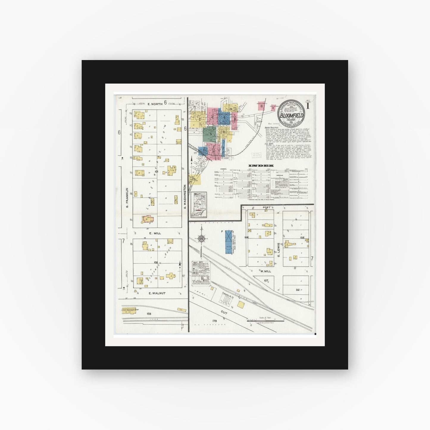 Old map wall art mockup — black gallery frame with white mat — Sanborn Fire Insurance Map from Bloomfield, Greene County, Indiana (1921) - Complete Map Set