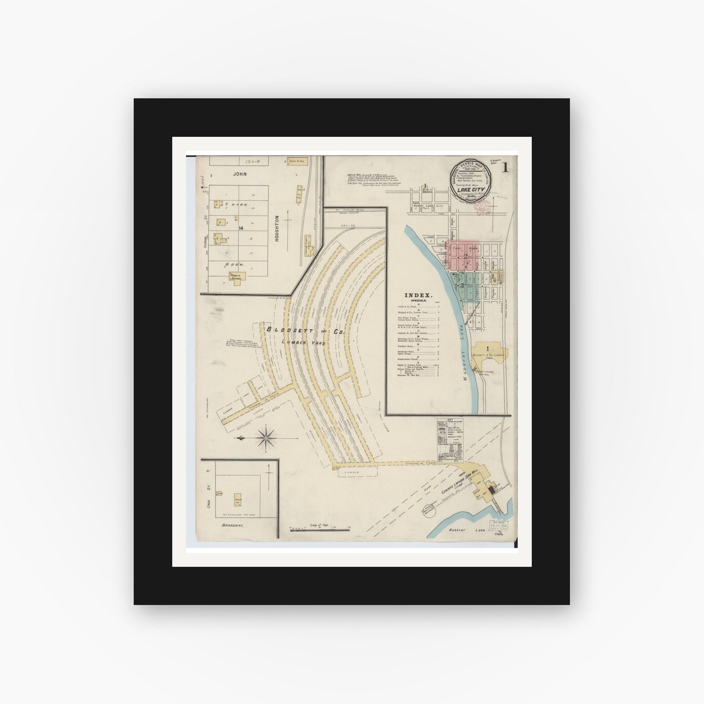 Old map wall art mockup — black gallery frame with white mat — Sanborn Fire Insurance Map from Lake City, Missaukee County, Michigan (1895) - Complete Map Set