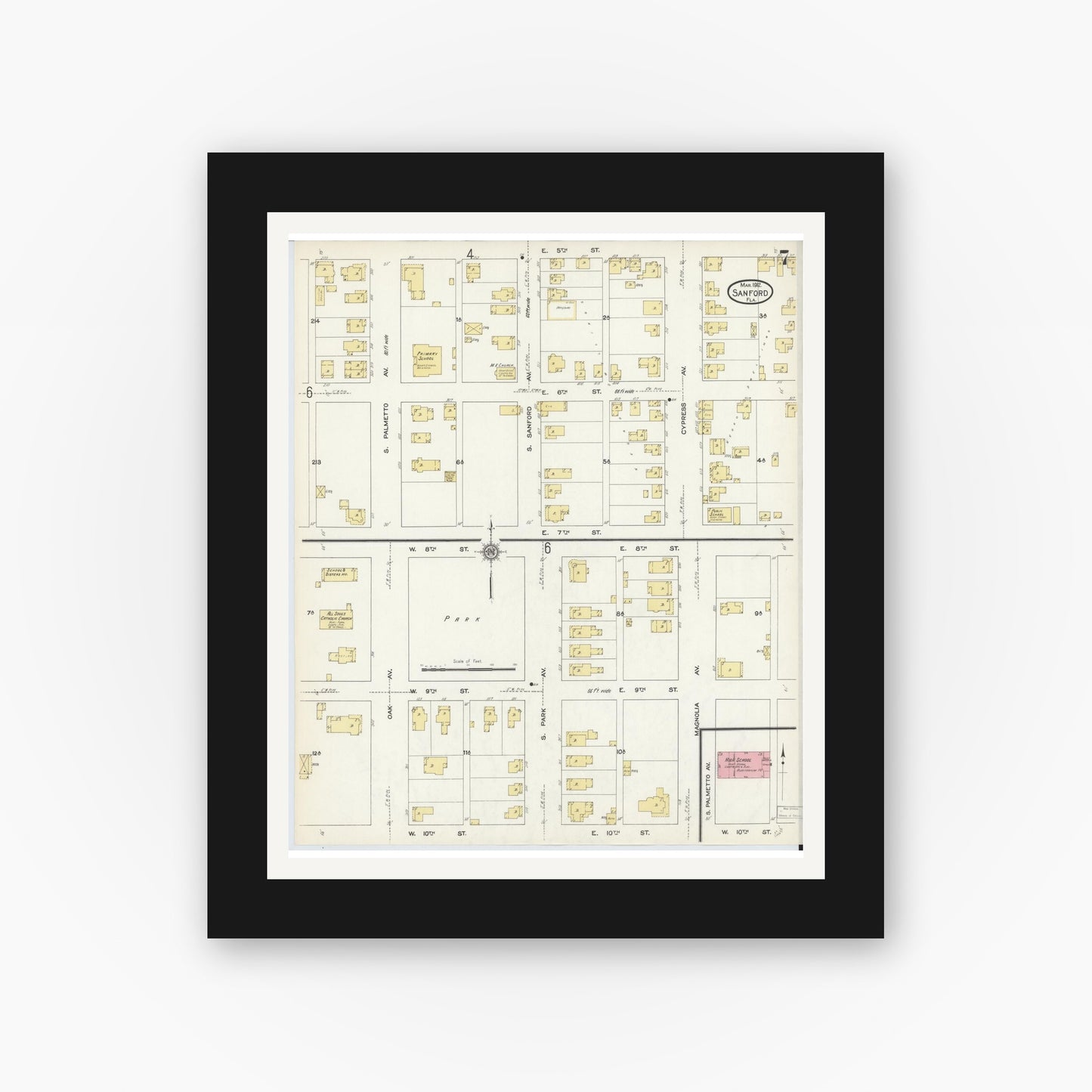 Old map wall art mockup — black gallery frame with white mat — Sanborn Fire Insurance Map from Sanford, Seminole County, Florida (1912), Sheet #0007
