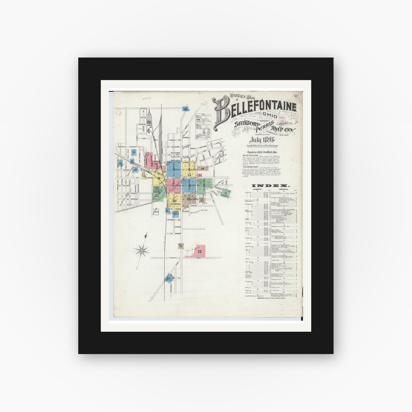 Old map wall art mockup — black gallery frame with white mat — Sanborn Fire Insurance Map from Bellefontaine, Logan County, Ohio (1896) - Complete Map Set