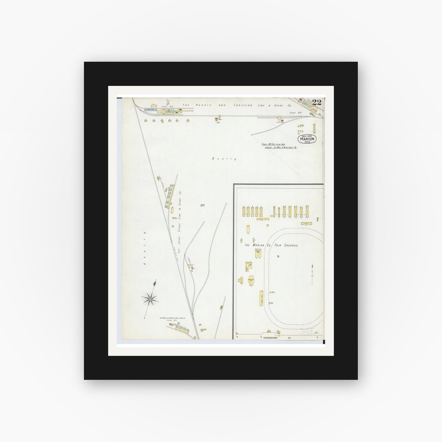 Old map wall art mockup — black gallery frame with white mat — Sanborn Fire Insurance Map from Marion, Marion County, Ohio (1900), Sheet #0022