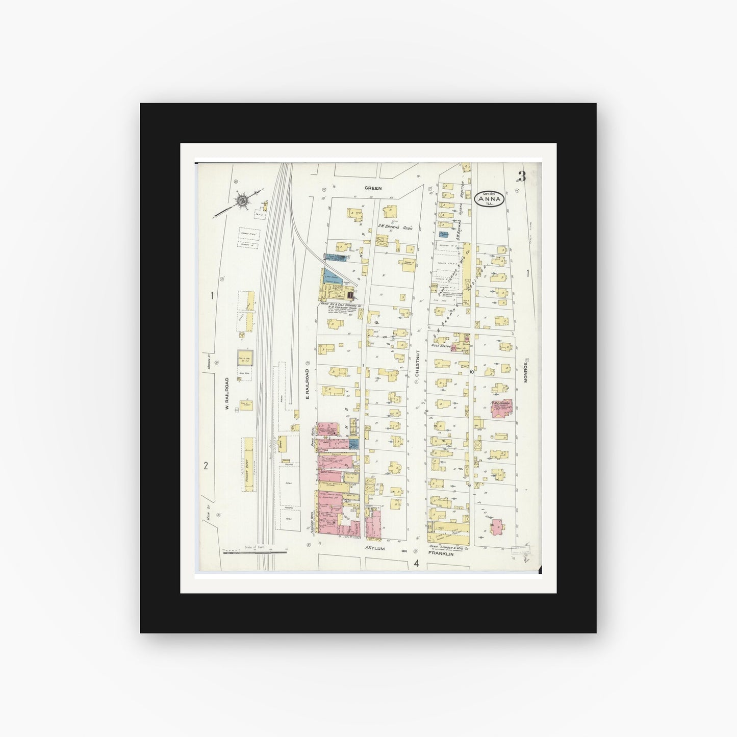 Old map wall art mockup — black gallery frame with white mat — Sanborn Fire Insurance Map from Anna, Union County, Illinois (1910), Sheet #0003