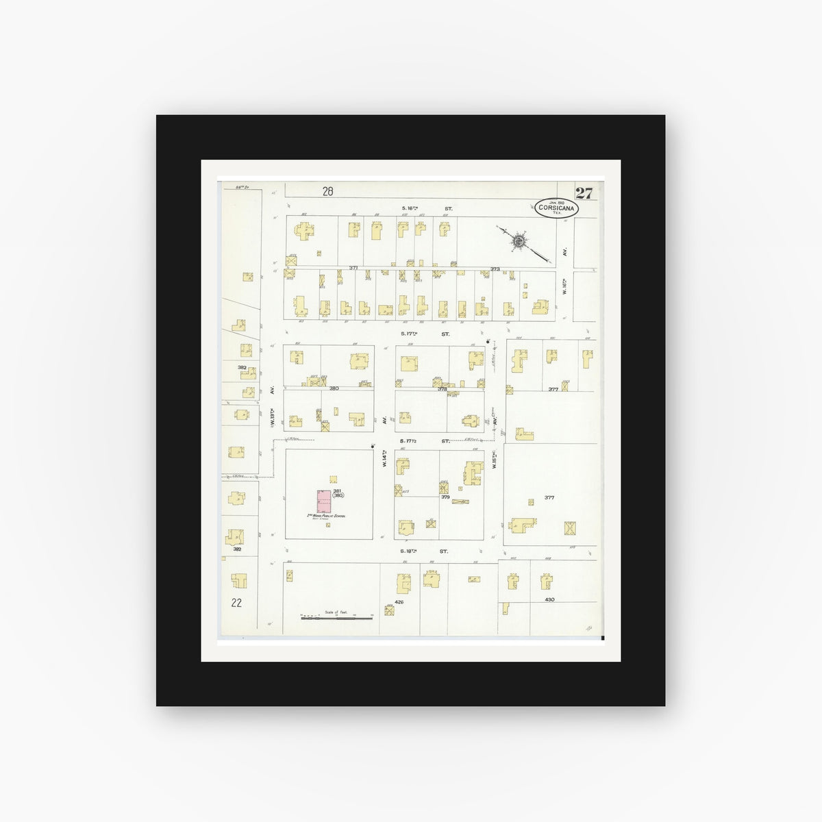 Old map wall art mockup — black gallery frame with white mat — Sanborn Fire Insurance Map from Corsicana, Navarro County, Texas (1910), Sheet #0027