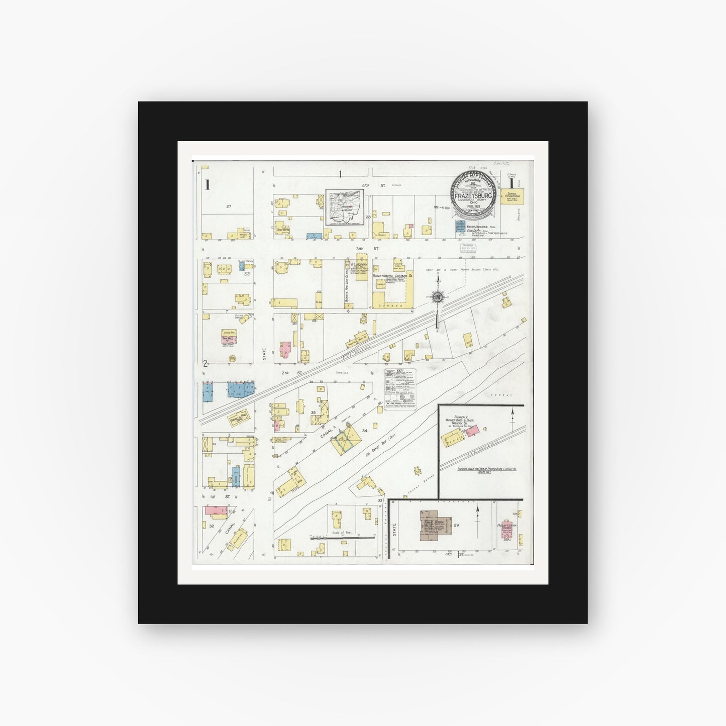 Old map wall art mockup — black gallery frame with white mat — Sanborn Fire Insurance Map from Frazeysburg, Muskingum County, Ohio (1928) - Complete Map Set
