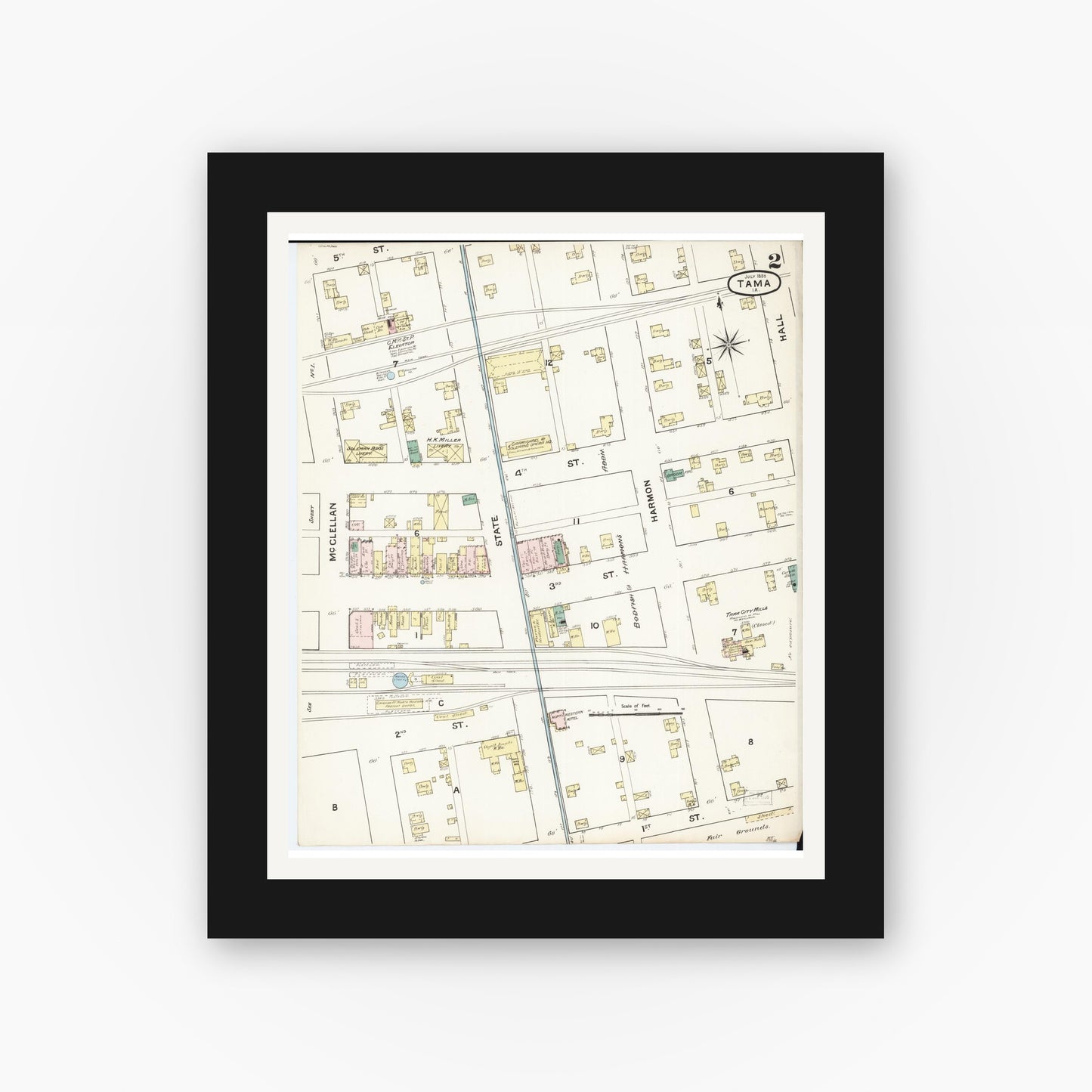 Old map wall art mockup — black gallery frame with white mat — Sanborn Fire Insurance Map from Tama, Tama County, Iowa (1888), Sheet #0002
