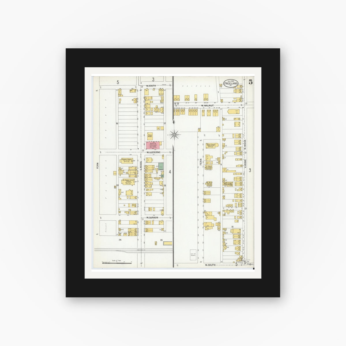 Old map wall art mockup — black gallery frame with white mat — Sanborn Fire Insurance Map from Freeland, Luzerne County, Pennsylvania (1900), Sheet #0005