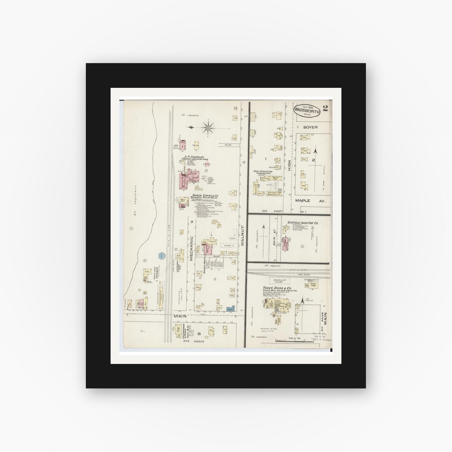 Old map wall art mockup — black gallery frame with white mat — Sanborn Fire Insurance Map from Wadsworth, Medina County, Ohio (1885), Sheet #0002