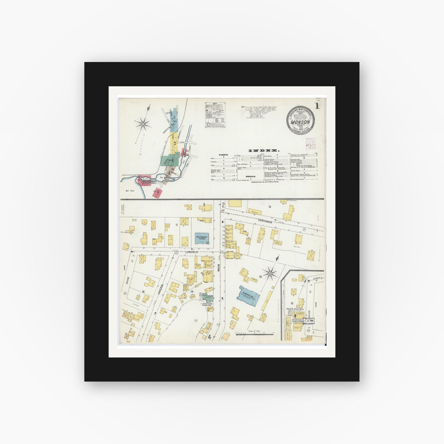 Old map wall art mockup — black gallery frame with white mat — Sanborn Fire Insurance Map from Monson, Hampden County, Massachusetts (1902) - Complete Map Set