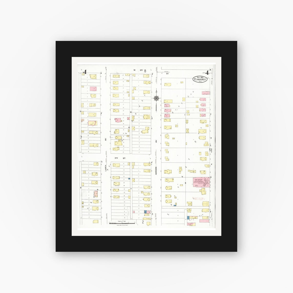 Old map wall art mockup — black gallery frame with white mat — Sanborn Fire Insurance Map from Elmhurst, Du Page County, Illinois (1924), Sheet #0004