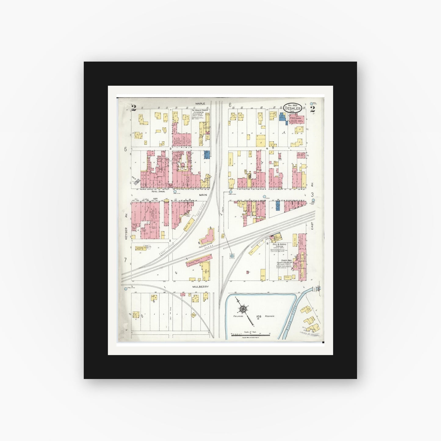 Old map wall art mockup — black gallery frame with white mat — Sanborn Fire Insurance Map from Deshler, Henry County, Ohio (1923), Sheet #0002