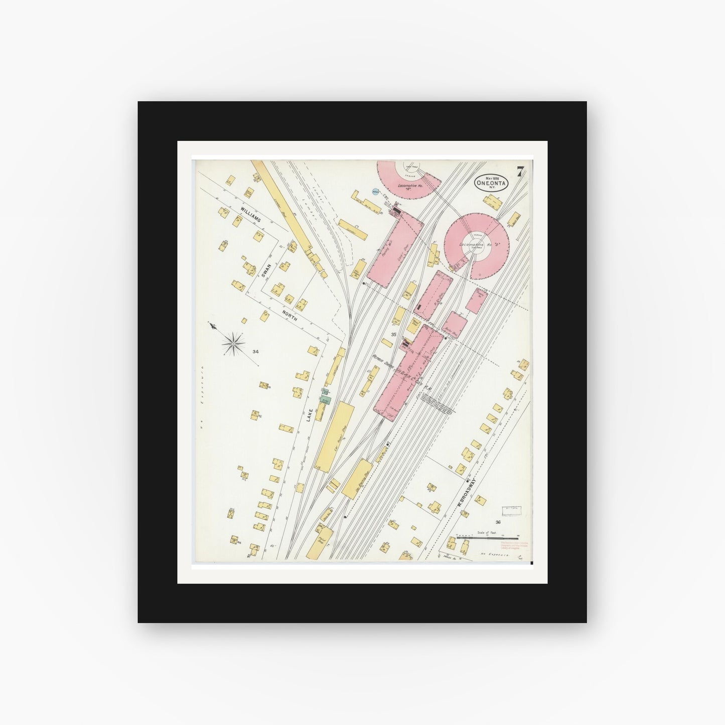 Old map wall art mockup — black gallery frame with white mat — Sanborn Fire Insurance Map from Oneonta, Otsego County, New York (1898), Sheet #0007