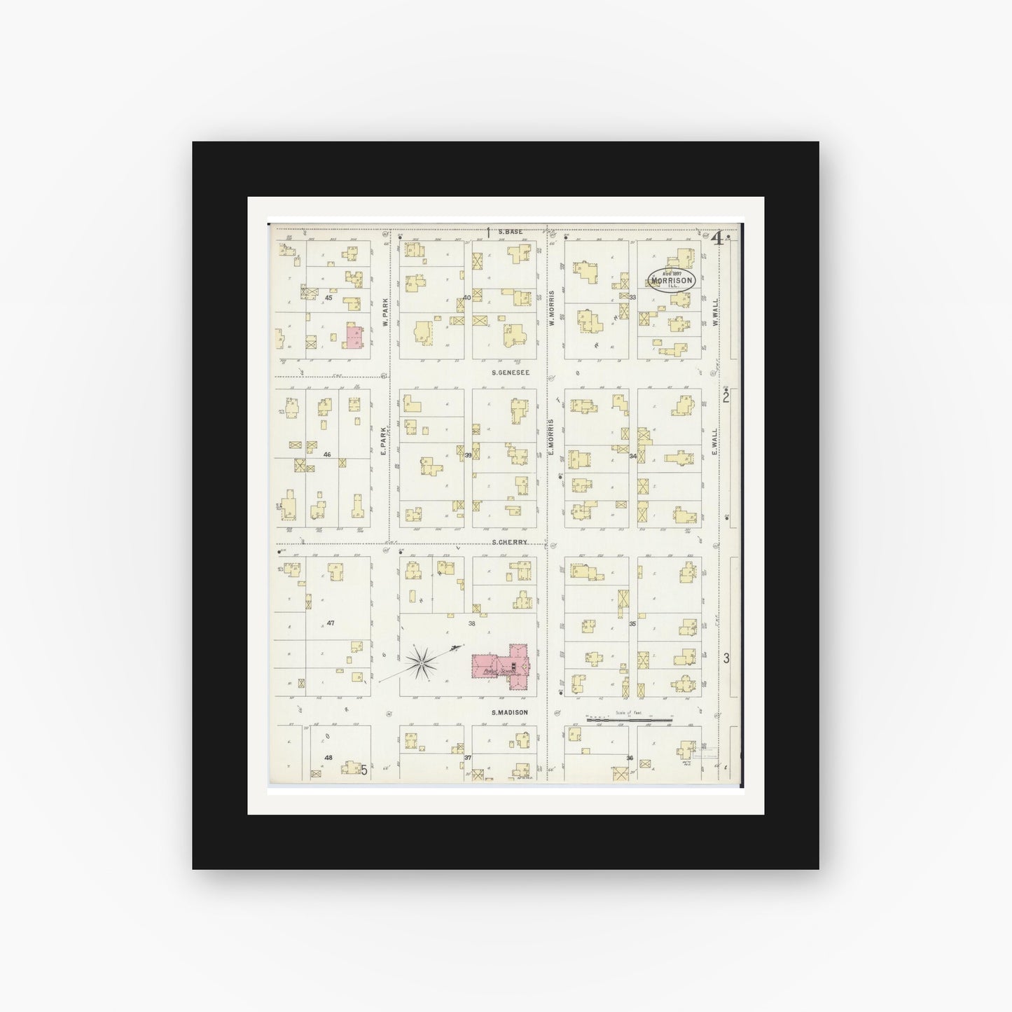 Old map wall art mockup — black gallery frame with white mat — Sanborn Fire Insurance Map from Morrison, Whiteside County, Illinois (1897), Sheet #0004