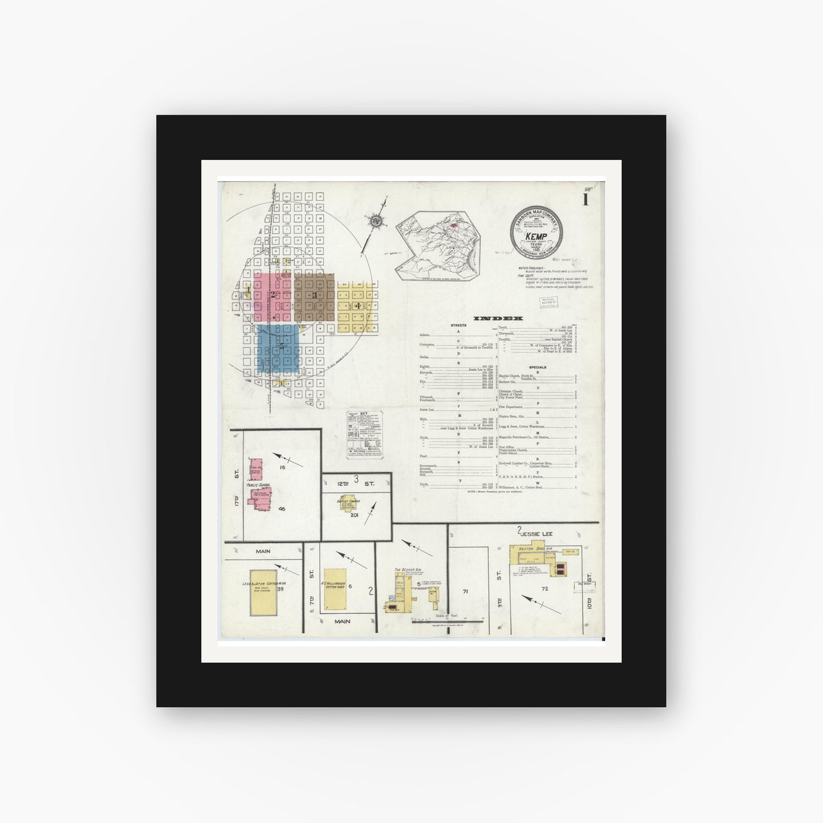 Old map wall art mockup — black gallery frame with white mat — Sanborn Fire Insurance Map from Kemp, Kaufman County, Texas (1921) - Complete Map Set