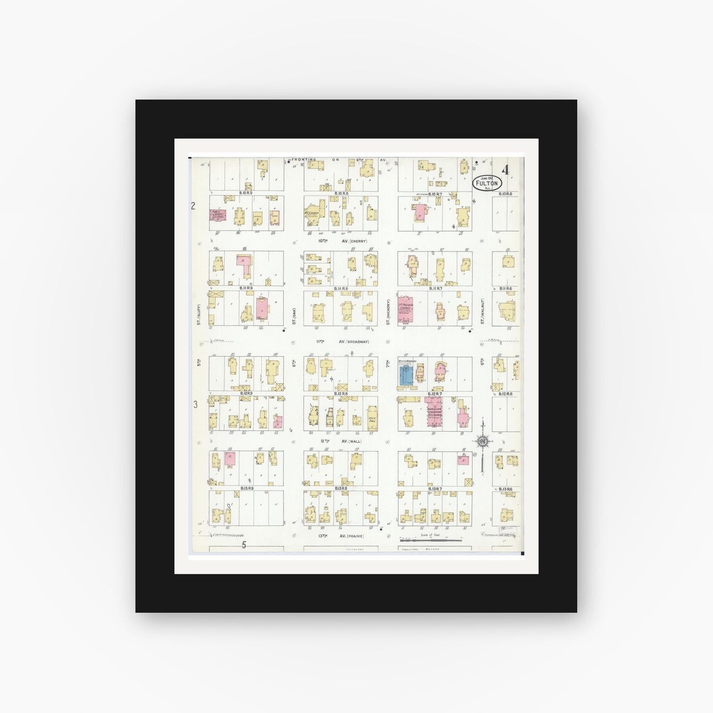 Old map wall art mockup — black gallery frame with white mat — Sanborn Fire Insurance Map from Fulton, Whiteside County, Illinois (1912), Sheet #0004