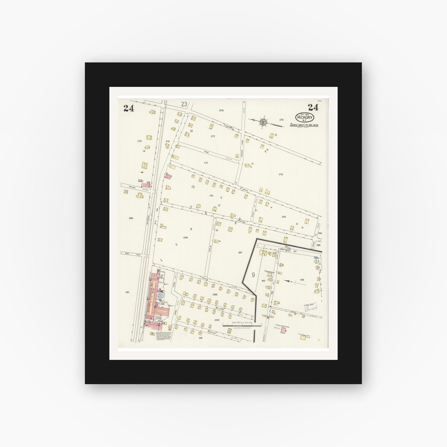 Old map wall art mockup — black gallery frame with white mat — Sanborn Fire Insurance Map from Hickory, Catawba County, North Carolina (1925), Sheet #0024