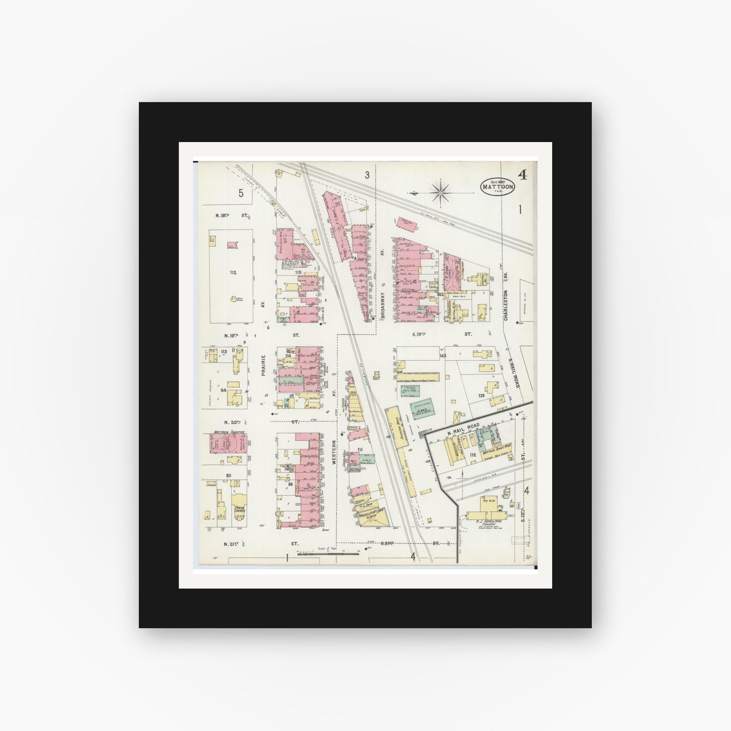 Old map wall art mockup — black gallery frame with white mat — Sanborn Fire Insurance Map from Mattoon, Coles County, Illinois (1897), Sheet #0004