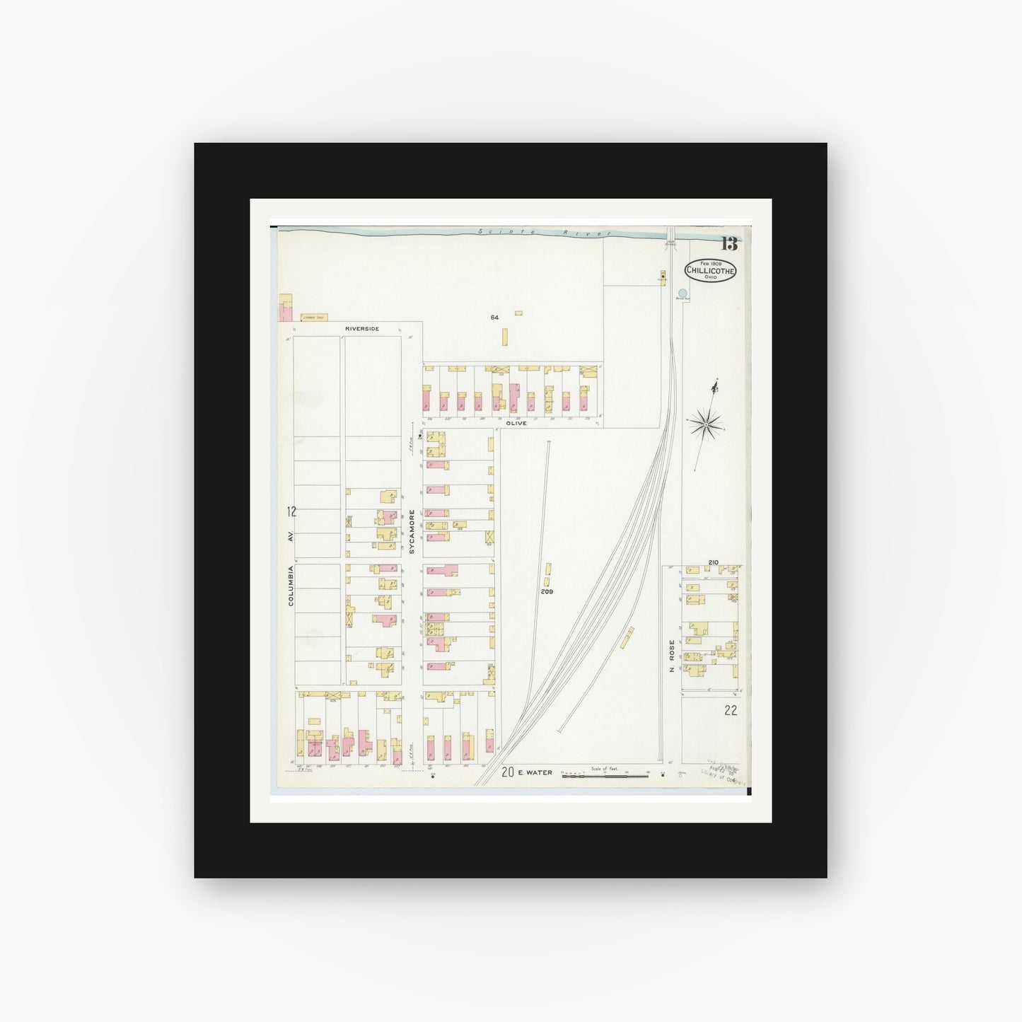 Old map wall art mockup — black gallery frame with white mat — Sanborn Fire Insurance Map from Chillicothe, Ross County, Ohio (1909), Sheet #0013
