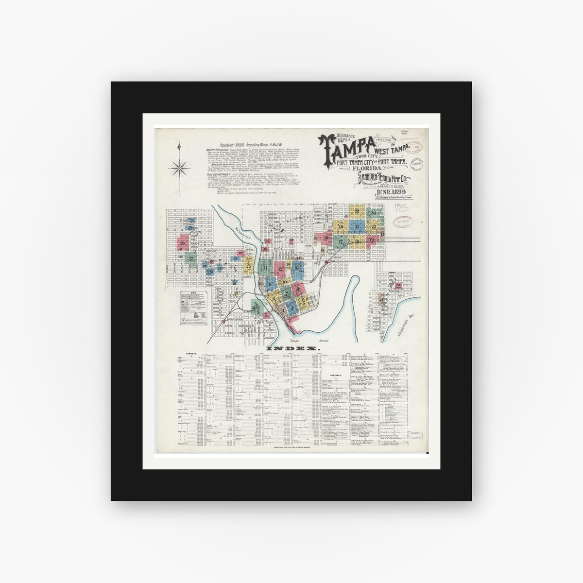 Old map wall art mockup — black gallery frame with white mat — Sanborn Fire Insurance Map from Tampa, Hillsborough County, Florida (1899), Sheet #0001