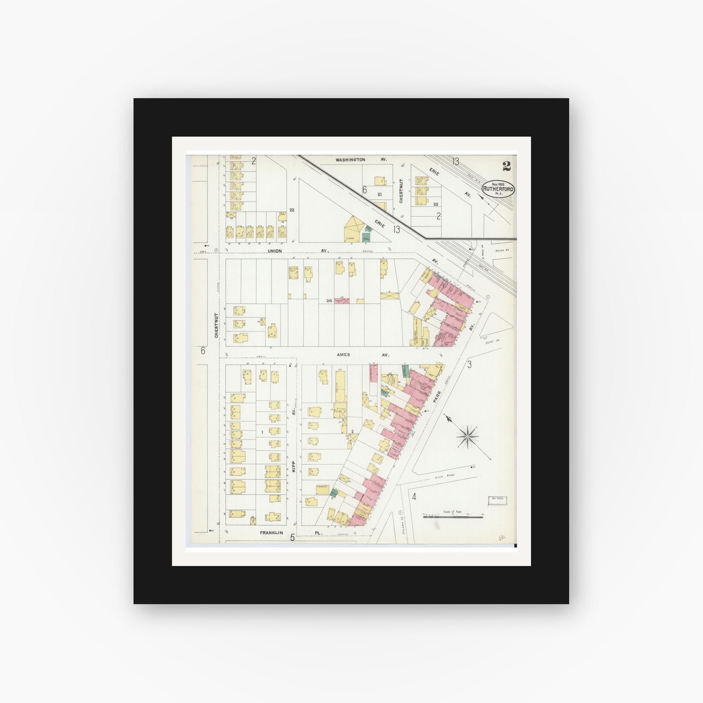 Old map wall art mockup — black gallery frame with white mat — Sanborn Fire Insurance Map from Rutherford, Bergen County, New Jersey (1902) - Complete Map Set