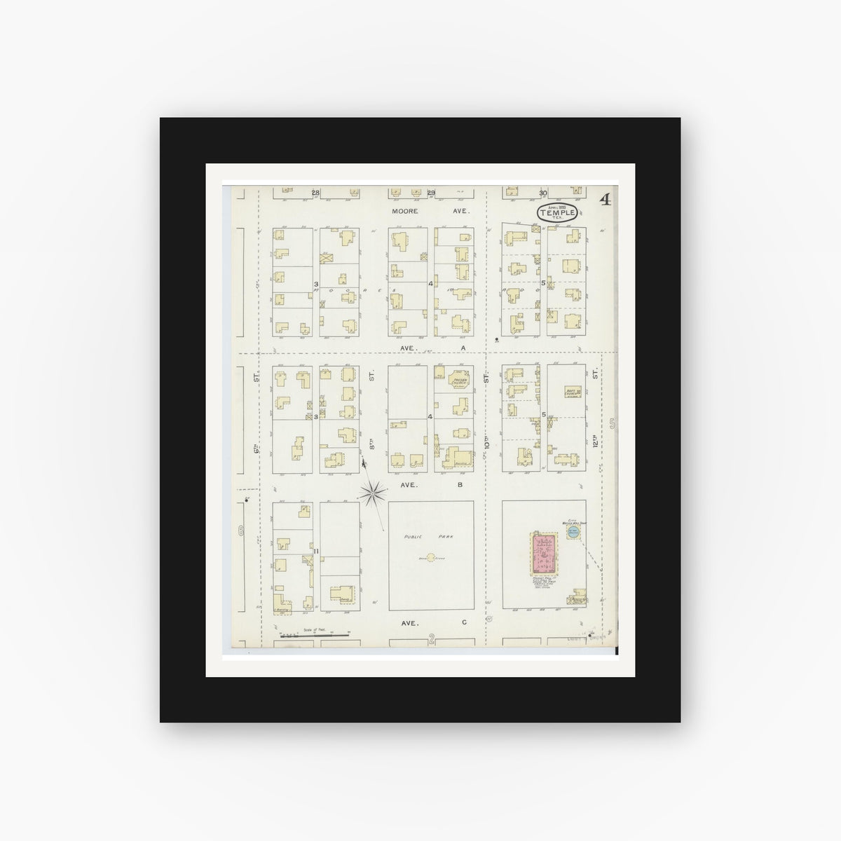 Old map wall art mockup — black gallery frame with white mat — Sanborn Fire Insurance Map from Temple, Bell County, Texas (1893), Sheet #0004