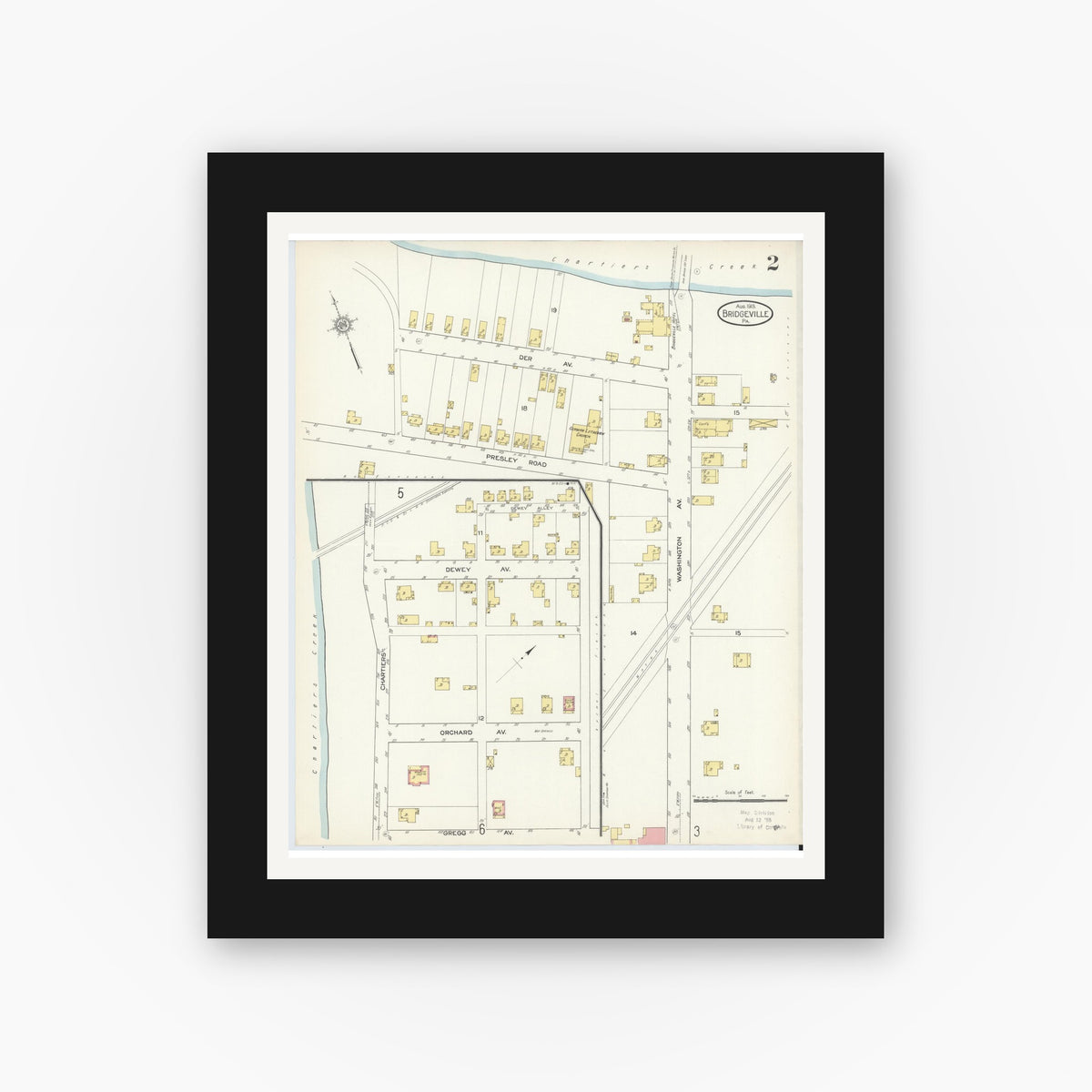 Old map wall art mockup — black gallery frame with white mat — Sanborn Fire Insurance Map from Bridgeville, Allegheny County, Pennsylvania (1913), Sheet #0002
