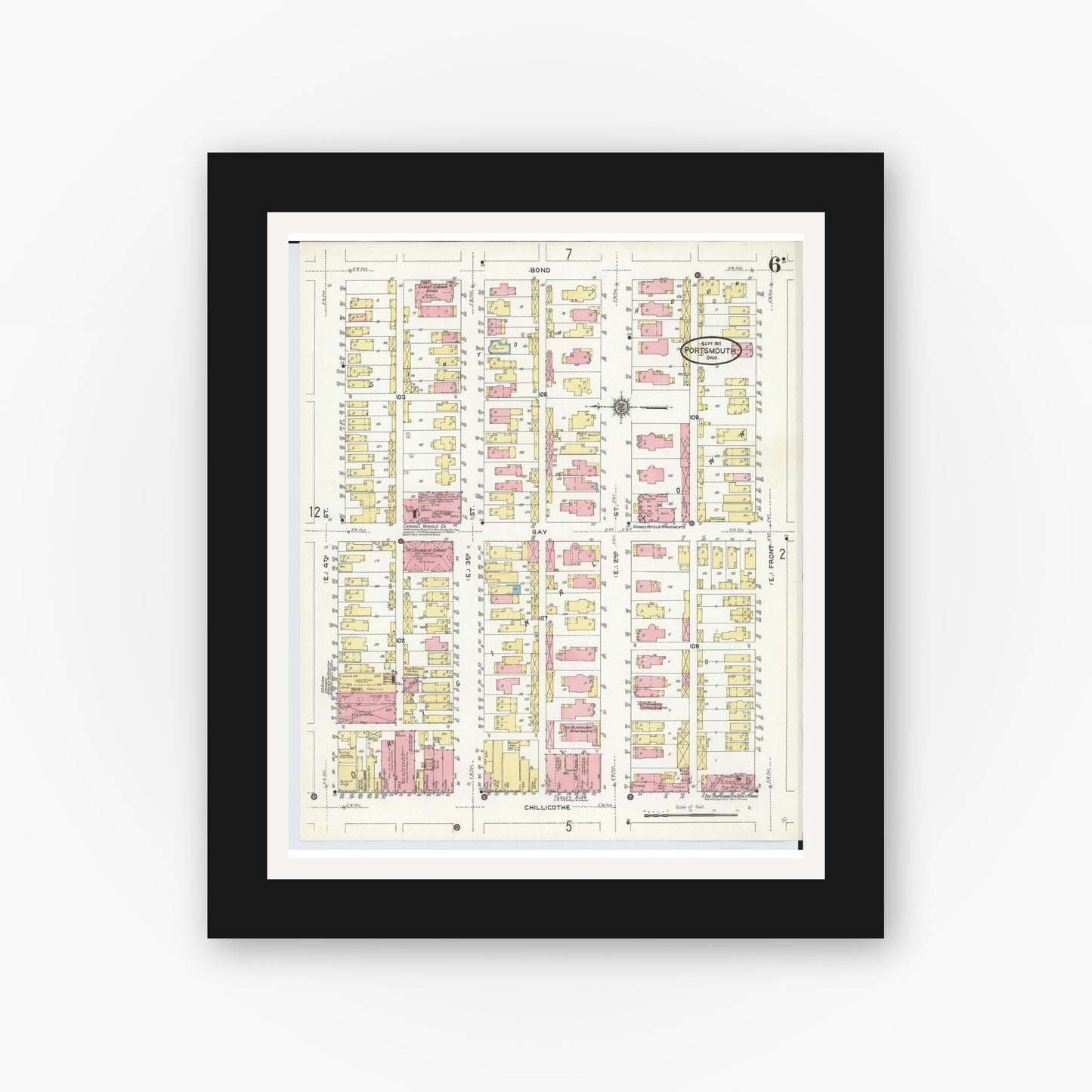 Old map wall art mockup — black gallery frame with white mat — Sanborn Fire Insurance Map from Portsmouth, Scioto County, Ohio (1911), Sheet #0006