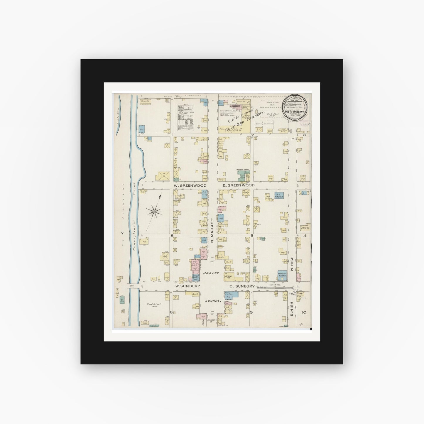 Old map wall art mockup — black gallery frame with white mat — Sanborn Fire Insurance Map from Millerstown, Perry County, Pennsylvania (1886), Sheet #0001