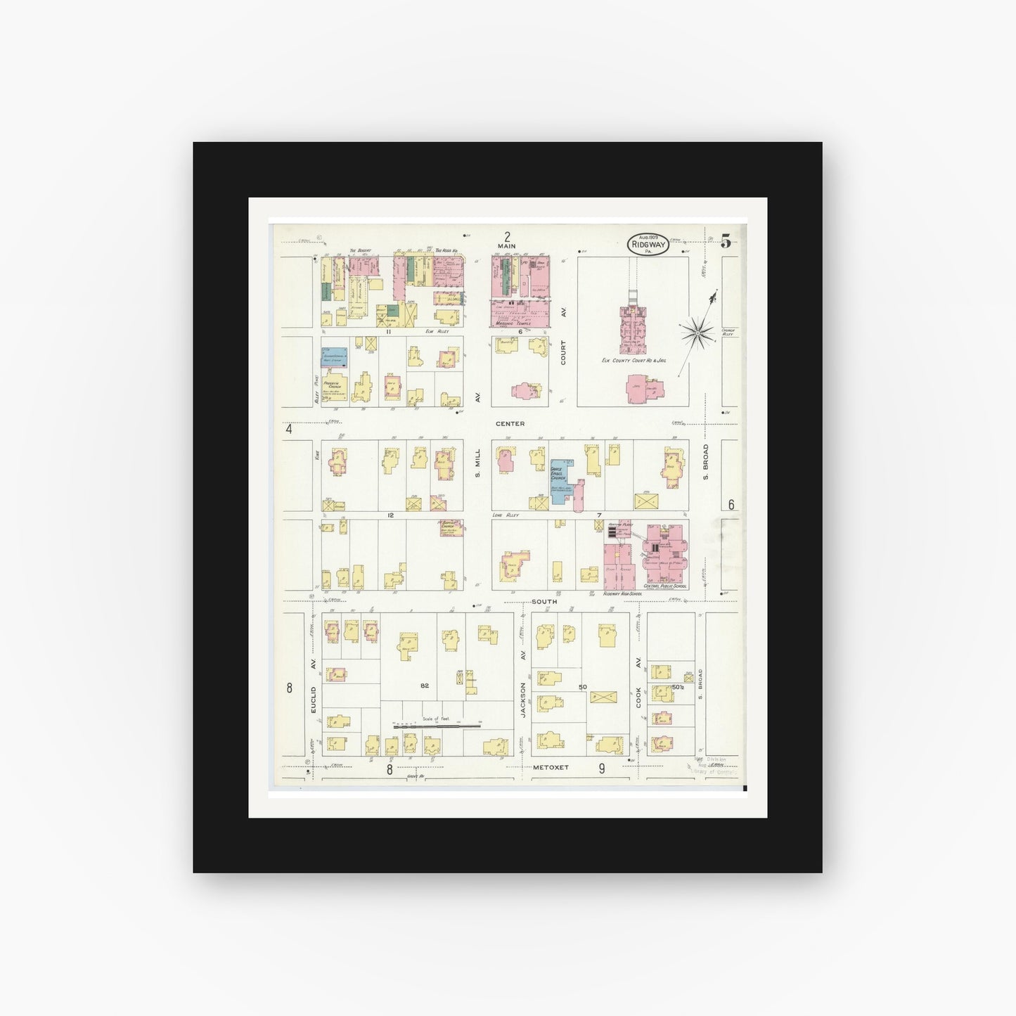 Old map wall art mockup — black gallery frame with white mat — Sanborn Fire Insurance Map from Ridgway, Elk County, Pennsylvania (1909), Sheet #0005