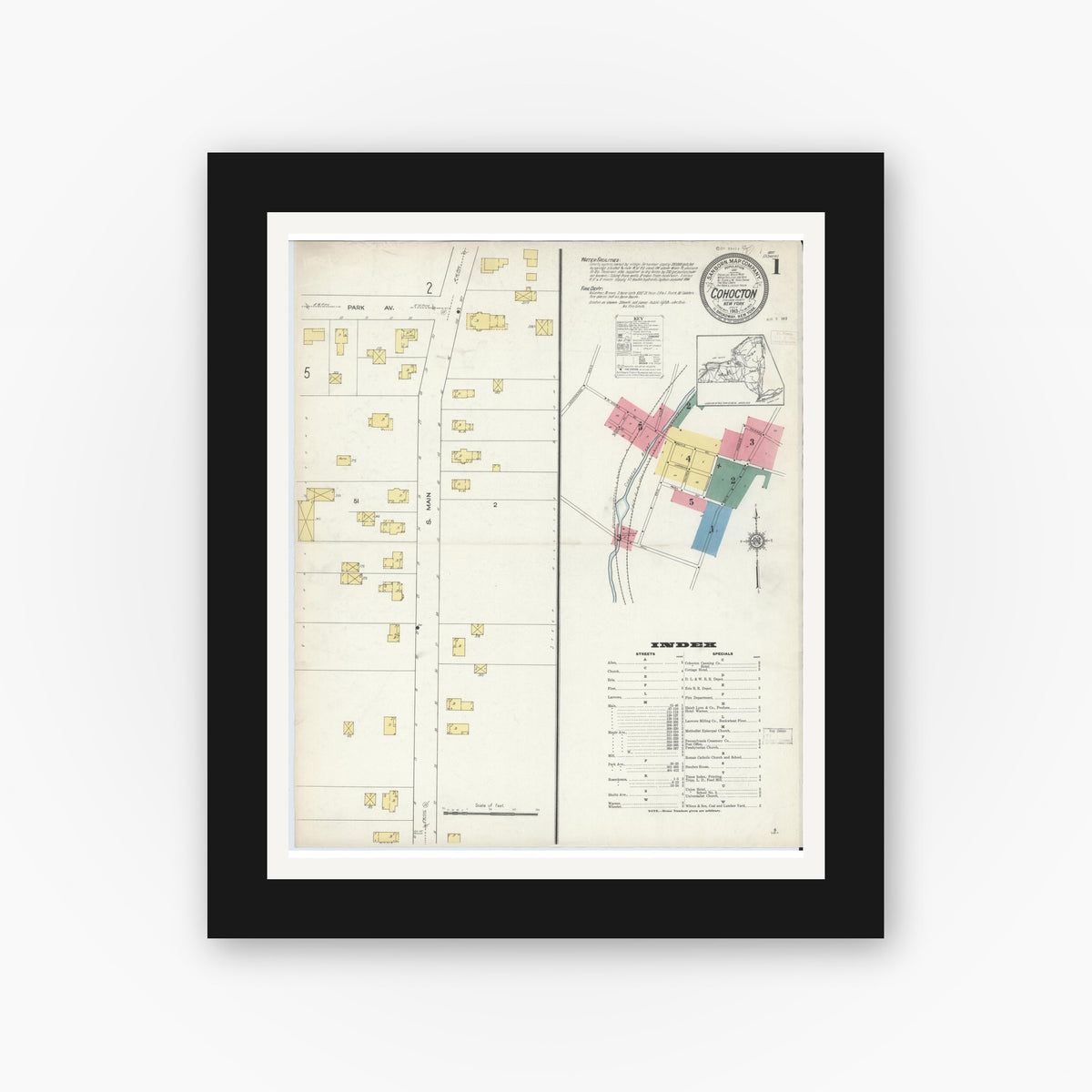 Old map wall art mockup — black gallery frame with white mat — Sanborn Fire Insurance Map from Cohocton, Steuben County, New York (1913) - Complete Map Set