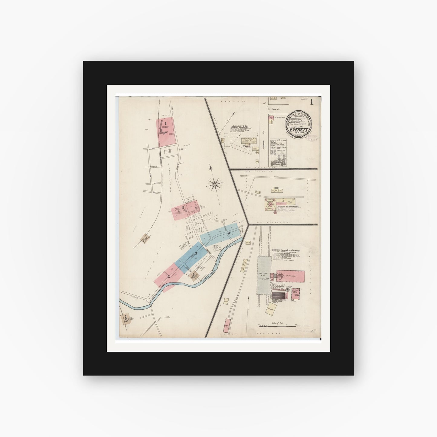 Old map wall art mockup — black gallery frame with white mat — Sanborn Fire Insurance Map from Everett, Bedford County, Pennsylvania (1885) - Complete Map Set