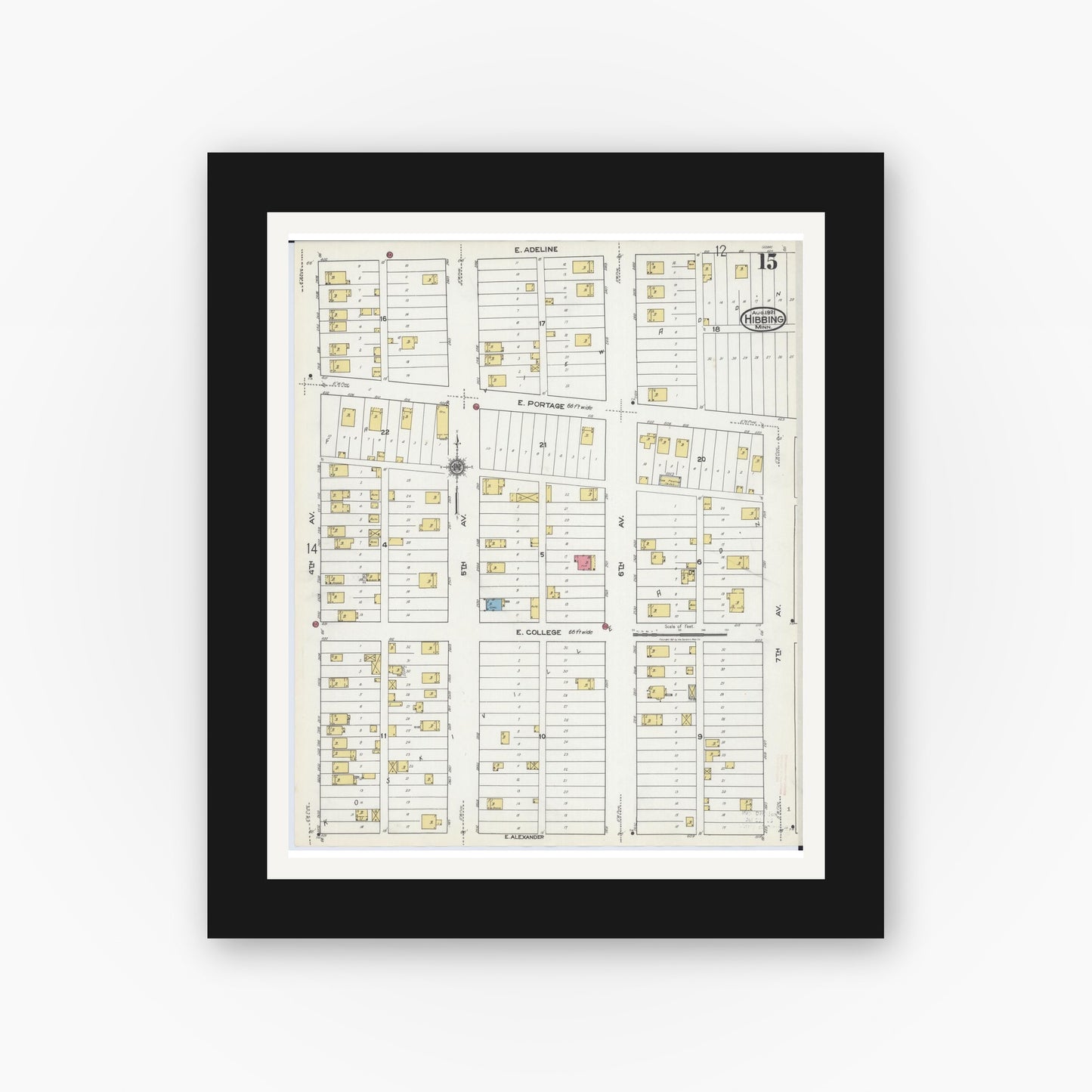 Old map wall art mockup — black gallery frame with white mat — Sanborn Fire Insurance Map from Hibbing, Saint Louis County, Minnesota (1921), Sheet #0015