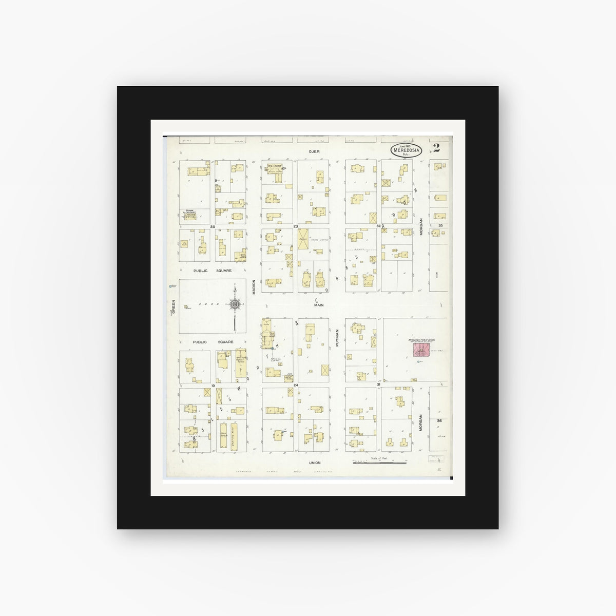 Old map wall art mockup — black gallery frame with white mat — Sanborn Fire Insurance Map from Meredosia, Morgan County, Illinois (1910), Sheet #0002