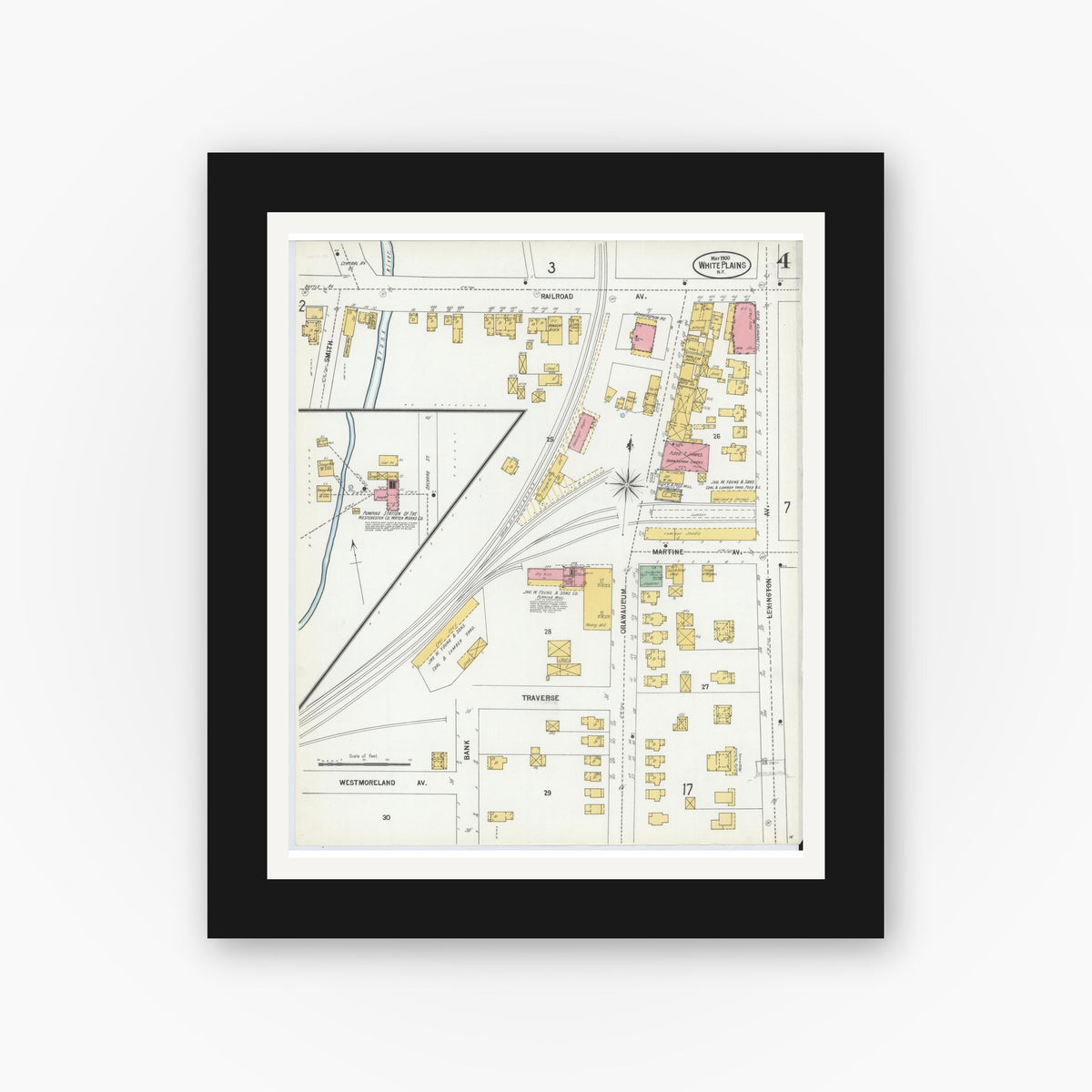 Old map wall art mockup — black gallery frame with white mat — Sanborn Fire Insurance Map from White Plains, Westchester County, New York (1900), Sheet #0004