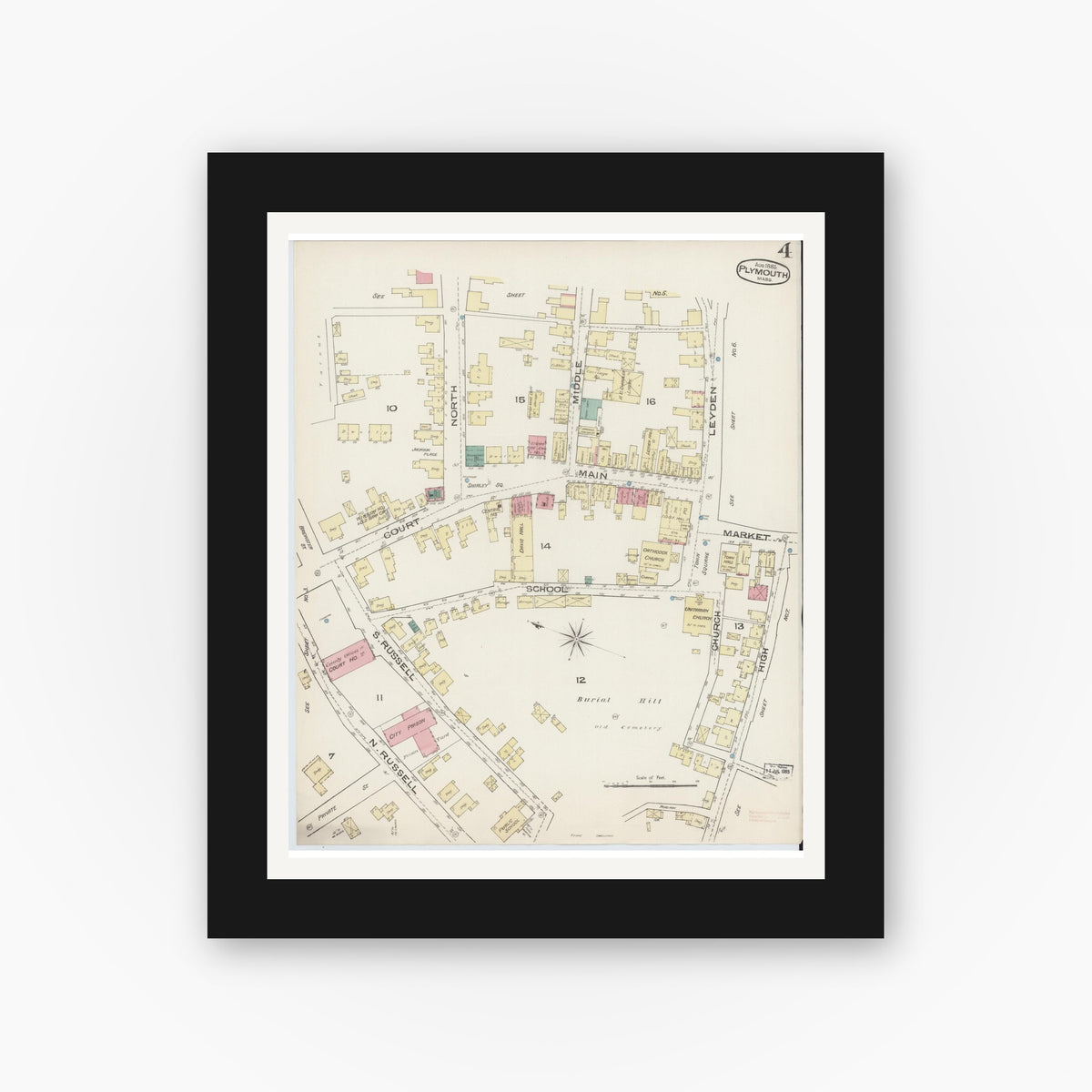 Old map wall art mockup — black gallery frame with white mat — Sanborn Fire Insurance Map from Plymouth, Plymouth County, Massachusetts (1885), Sheet #0004