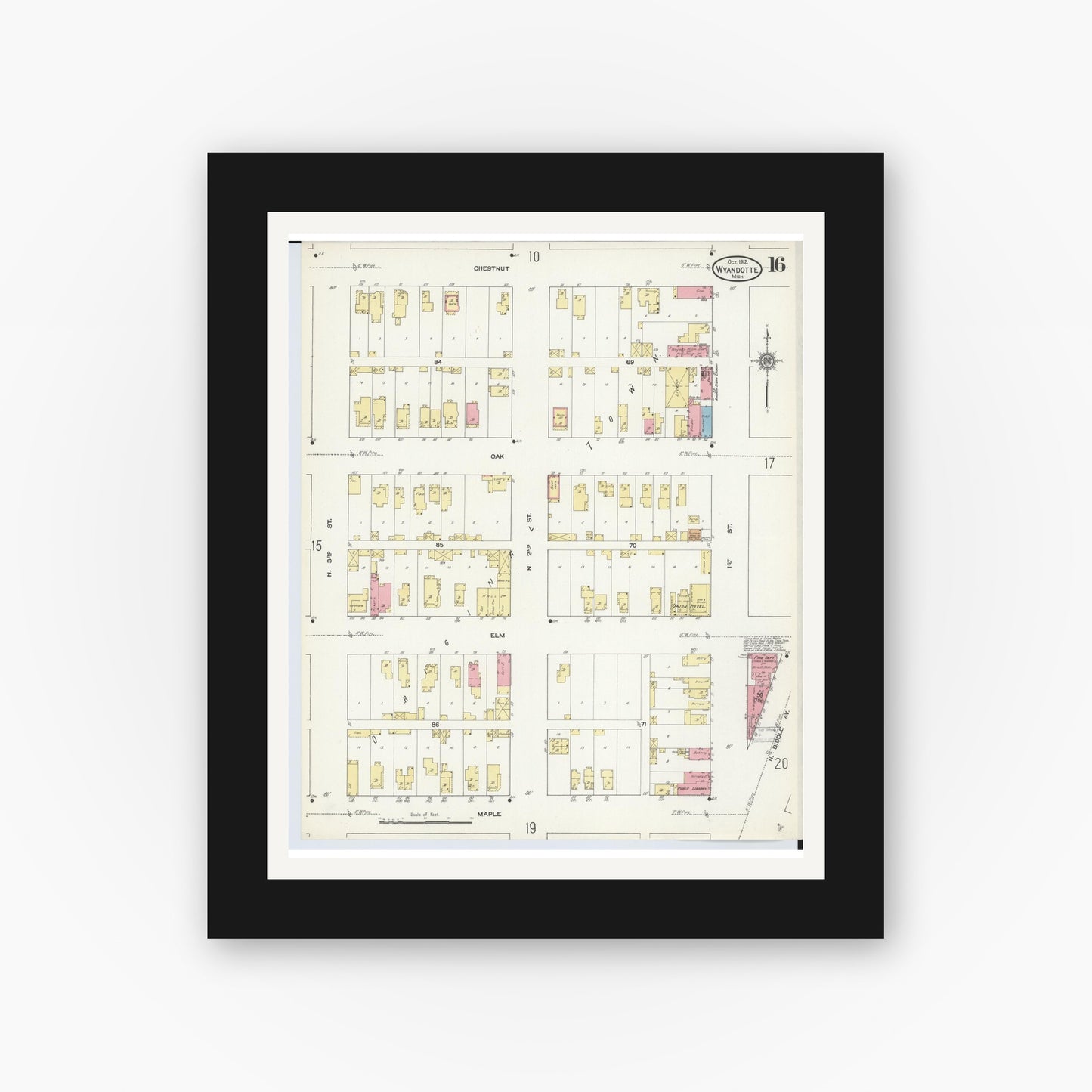 Old map wall art mockup — black gallery frame with white mat — Sanborn Fire Insurance Map from Wyandotte, Wayne County, Michigan (1912), Sheet #0016