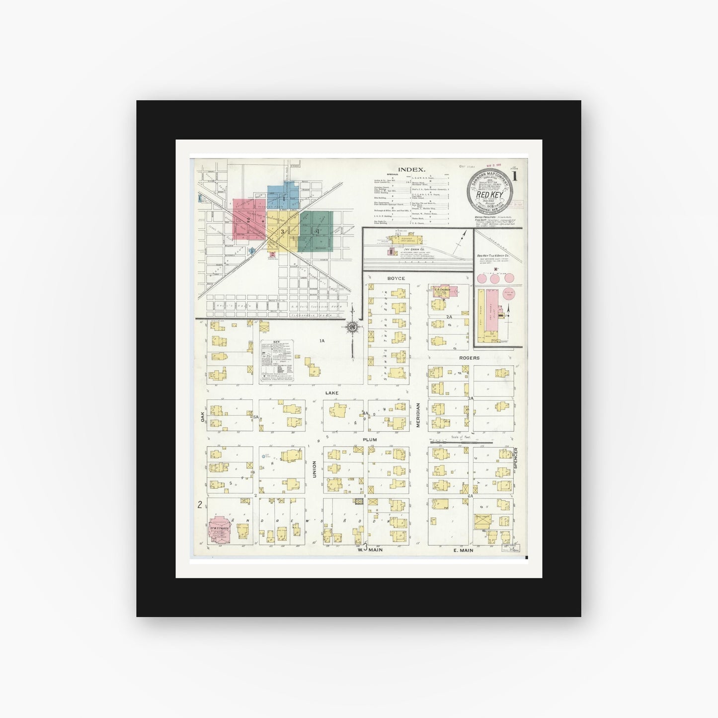 Old map wall art mockup — black gallery frame with white mat — Sanborn Fire Insurance Map from Redkey, Jay County, Indiana (1909), Sheet #0001