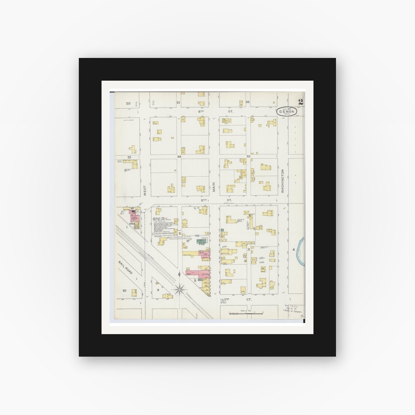 Old map wall art mockup — black gallery frame with white mat — Sanborn Fire Insurance Map from Genoa, Ottawa County, Ohio (1893), Sheet #0002