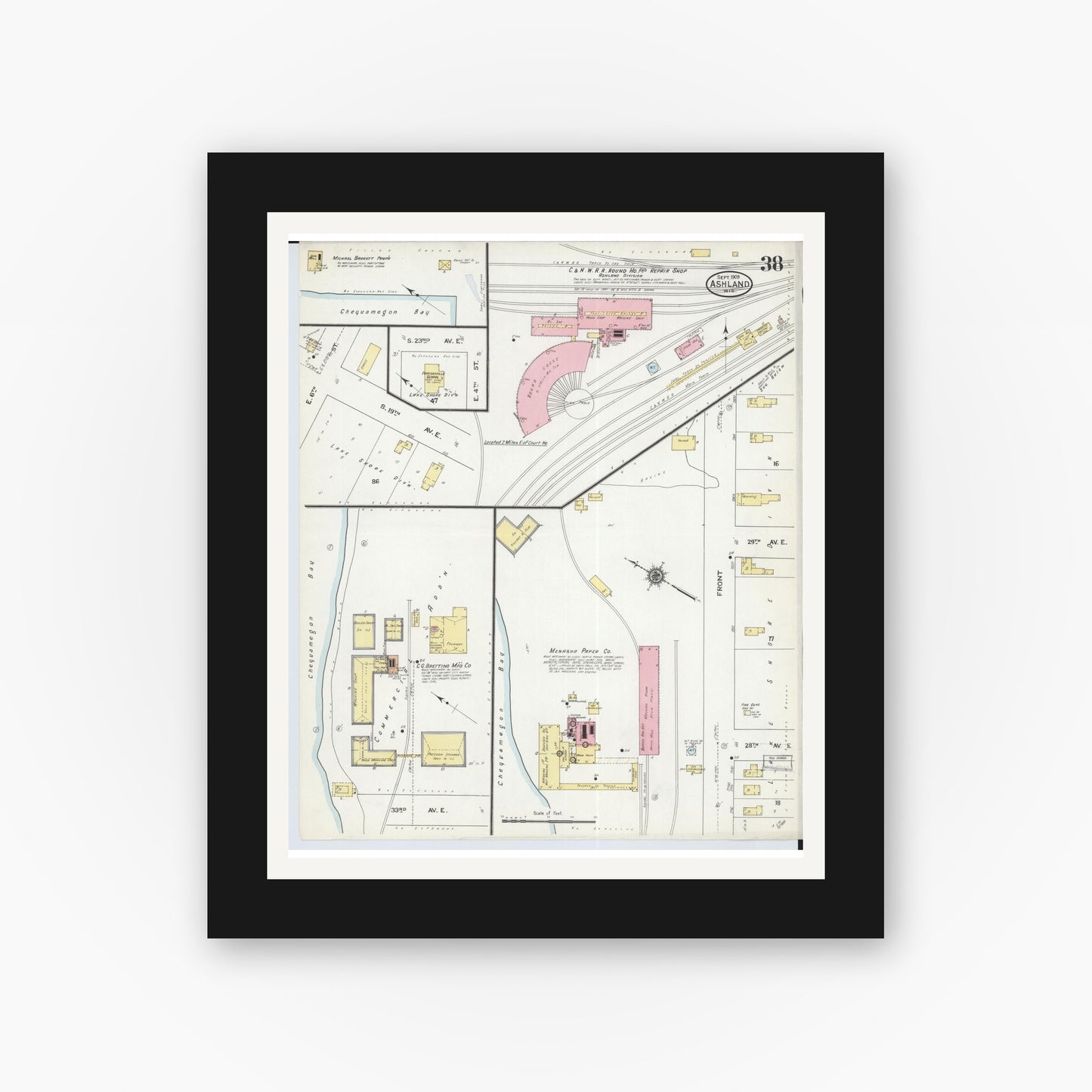Old map wall art mockup — black gallery frame with white mat — Sanborn Fire Insurance Map from Ashland, Ashland County, Wisconsin (1909), Sheet #0038