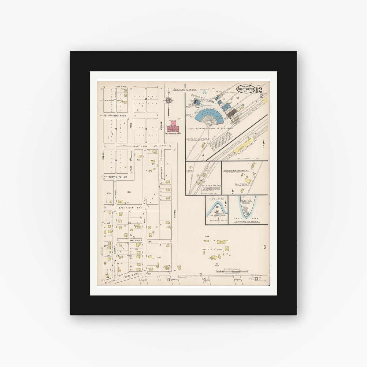 Old map wall art mockup — black gallery frame with white mat — Sanborn Fire Insurance Map from Sweetwater, Nolan County, Texas (1922), Sheet #0012