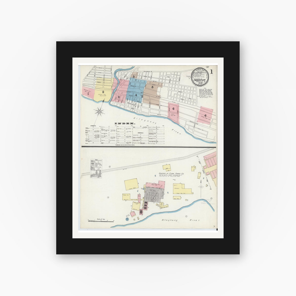 Old map wall art mockup — black gallery frame with white mat — Sanborn Fire Insurance Map from Tarentum, Allegheny County, Pennsylvania (1891) - Complete Map Set