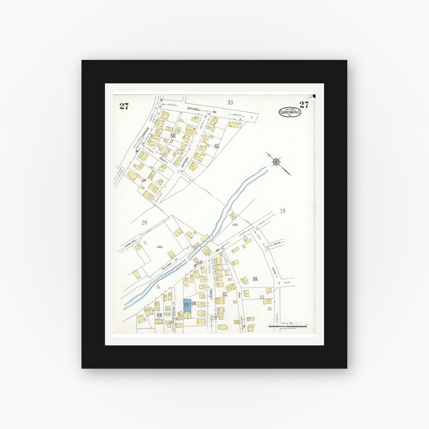 Old map wall art mockup — black gallery frame with white mat — Sanborn Fire Insurance Map from Carbondale, Lackawanna County, Pennsylvania (1923), Sheet #0027