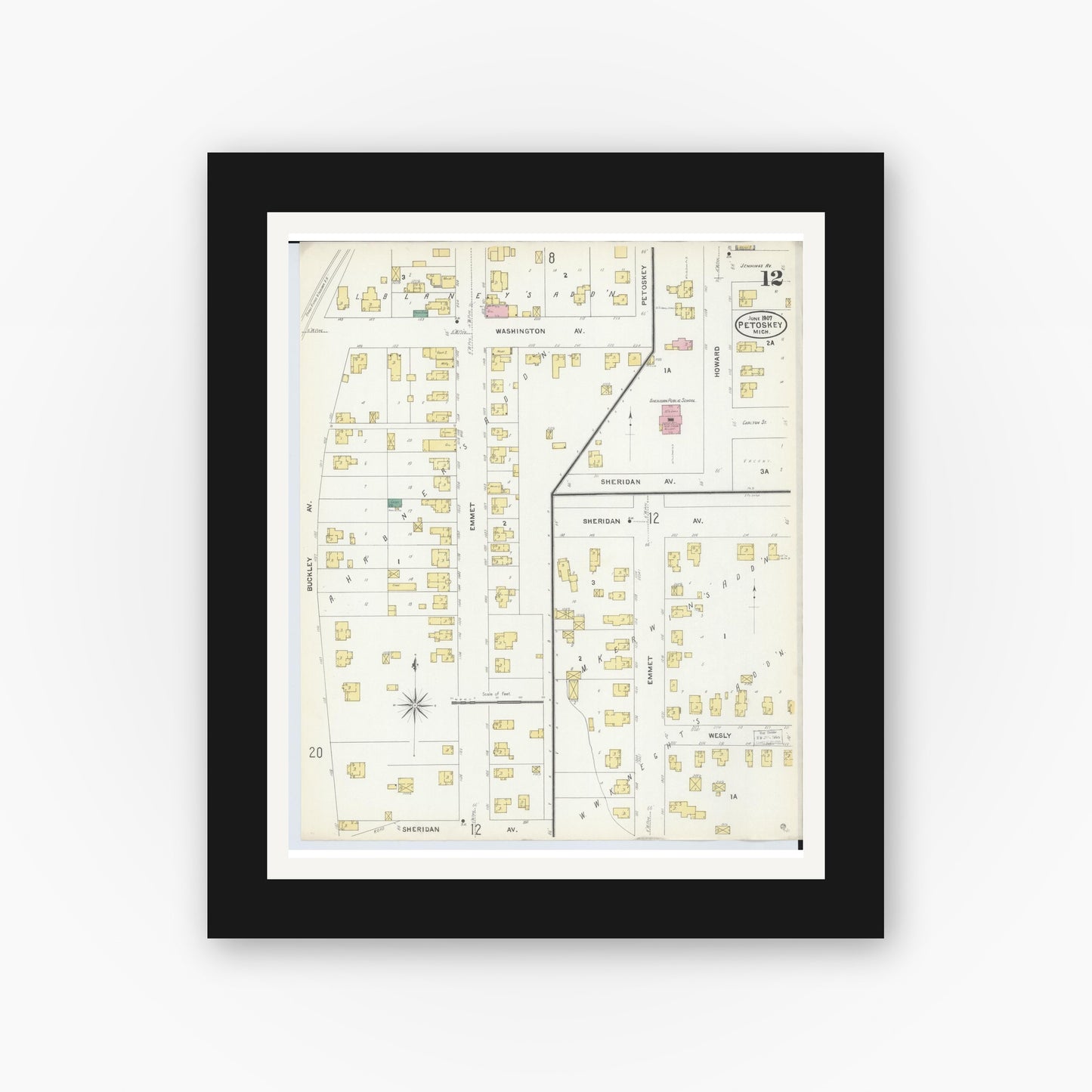 Old map wall art mockup — black gallery frame with white mat — Sanborn Fire Insurance Map from Petoskey, Emmet County, Michigan (1907), Sheet #0012